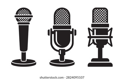A collection of three distinct vintage and modern microphones displayed in a bold black silhouette style, perfect for podcasting, broadcasting, music recording, and audio production design projects.EPS-10