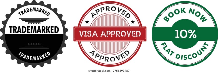 Collection of three distinctive rubber stamps featuring trademark approval and special discount offers.