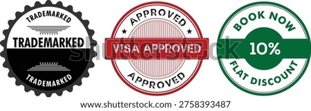 Collection of three distinctive rubber stamps featuring trademark approval and special discount offers.