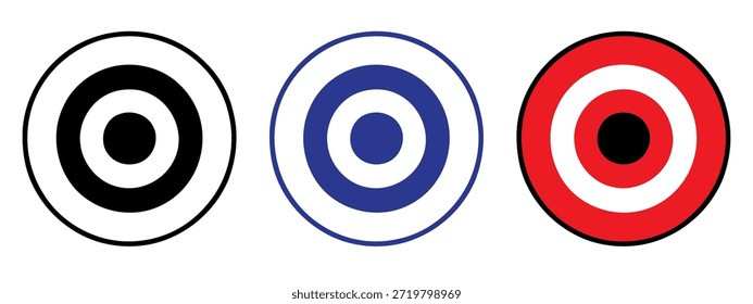 Colección de tres símbolos de objetivo circulares diversos en negro, blanco, azul y rojo