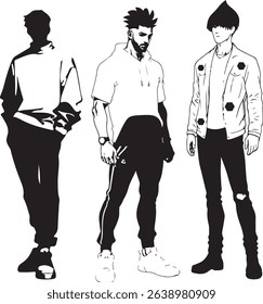 A Collection of Three Diverse and Stylized Black and White Vector Illustrations of Male Figures in Modern Fashion, Showcasing Different Hairstyles and Urban Attire