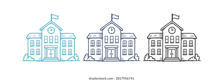 A collection of three educational building illustrations featuring a clock tower and flag in blue and black hand drawn sketch styles on a white background