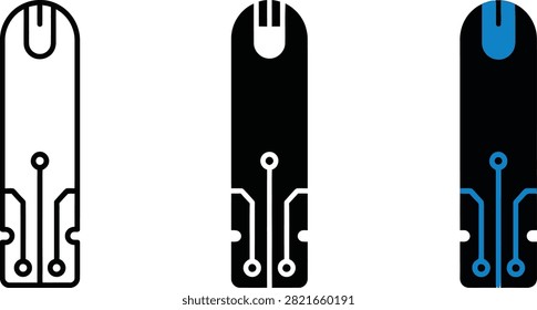 A collection of three electronic cigarette or vape pen icons, featuring line art, solid black, and blue-accented designs, perfect for vaping technology.