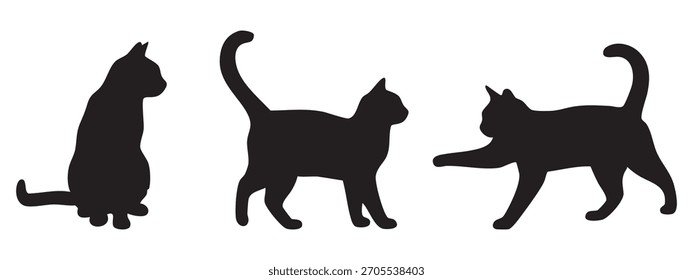 Collection of three elegant black cat silhouettes in dynamic and playful poses, isolated.