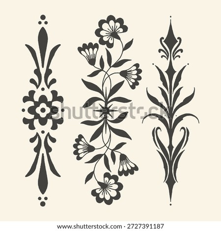 A collection of three elegant black floral and ornamental designs, ideal for tattoos, stationery borders, or vintage-themed branding.