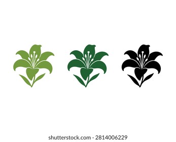 A collection of three elegant lily flower silhouettes featuring light green dark green and solid black variations for graphic design use