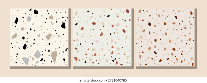 Una colección de tres elegantes patrones de terrazo sin costuras con fragmentos de piedra en tonos neutros, terrosos y monocromos. Perfecto para el diseño de interiores moderno, impresiones textiles y telones de fondo