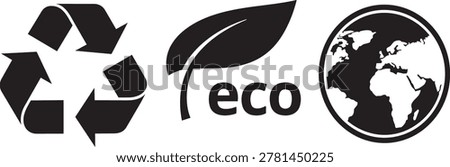 A collection of three environmental and sustainability icons featuring the universal recycling symbol, a leaf with the word eco, and a globe, isolated on a white background.