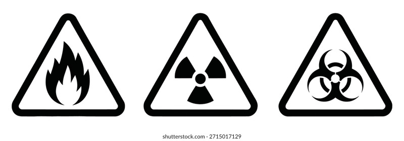 A collection of three essential hazard warning symbols displayed in black outline within a triangle: a flame for flammability, a trefoil for radioactivity, and a biohazard symbol.