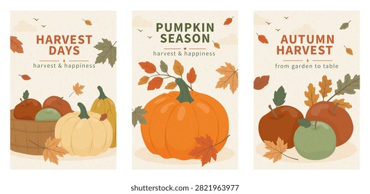 A collection of three fall banners with pumpkin and apple. Autumn seasonal design for Thanksgiving invitations or social media posts. Decorative graphics with a falling leaf pattern. Vector illustration