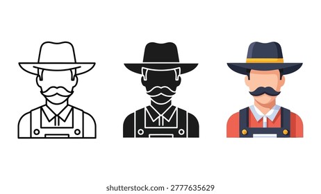 A collection of three farmer character avatars featuring a man with a mustache and hat in different artistic styles.