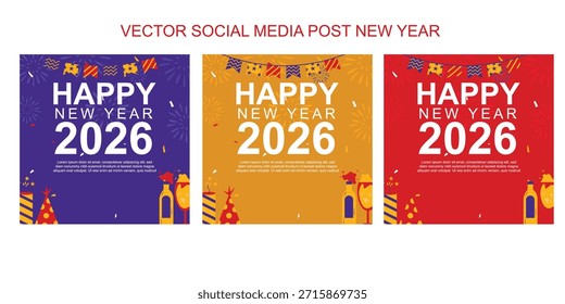 Colección de tres publicaciones festivas en las redes sociales del Nuevo año 2026 con motivos en púrpura, dorado y rojo con íconos de fiesta y áreas de texto personalizables.