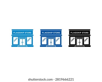 A collection of three flagship store icons featuring a storefront with large windows and double doors in light blue dark blue and black colors