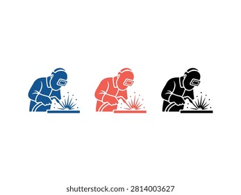 A collection of three flat icons depicting a professional welder wearing protective gear and a mask while working with sparks on a metal surface