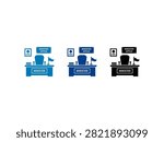 A collection of three flat icons representing a government minister office including a desk chair flag and wall plaque in blue and black versions