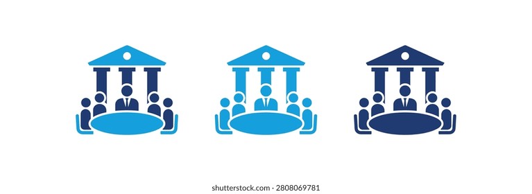 A collection of three flat icons representing a government committee or board of directors meeting in a classical building with columns