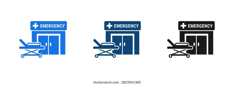 A collection of three flat icons representing a hospital emergency department entrance featuring a medical stretcher and clinic building sign in different colors