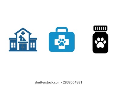 A collection of three flat icons representing veterinary services featuring a clinic building with a cross a first aid kit and a paw print medicine jar