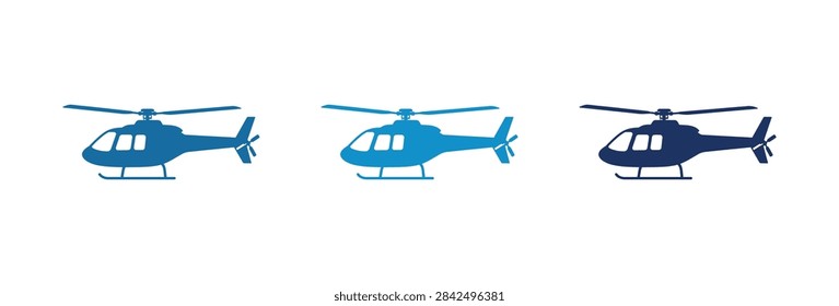 A collection of three flat vector helicopter illustrations showing various shades of blue from light to dark isolated on a plain white background for design use