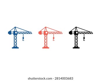 A collection of three flat vector icons representing industrial tower cranes used in building construction sites shown in blue red and black colors