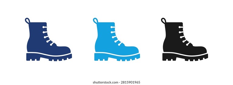 A collection of three flat vector icons representing industrial work boots or hiking footwear in dark blue light blue and black colors