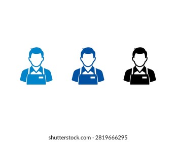 A collection of three flat vector icons representing a male service worker or shop assistant wearing an apron and uniform for retail and hospitality use.