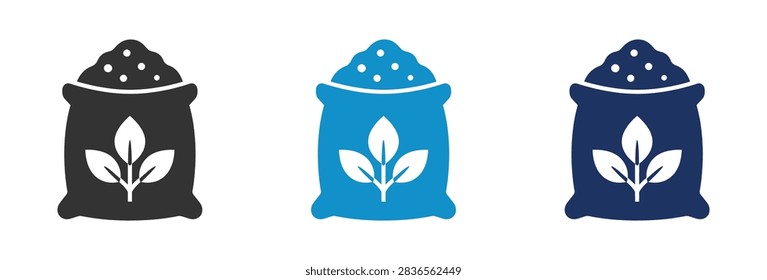 A collection of three flat vector icons representing sacks of flour grain or seeds featuring a leaf emblem in black light blue and dark blue colors