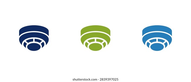 A collection of three flat vector icons representing smoke detectors or fire alarms in dark blue green and light blue colors for safety concepts
