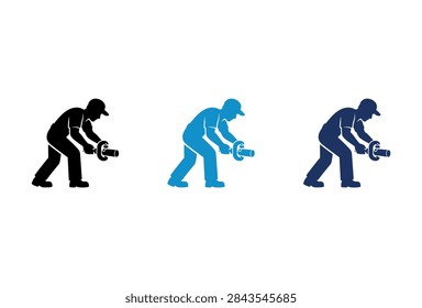 A collection of three flat vector icons depicting a worker or mechanic operating a power tool like a grinder or drill for construction maintenance and repair tasks