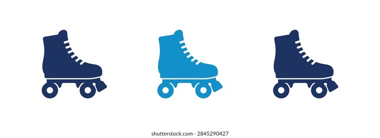 A collection of three flat vector icons representing classic roller skates in various shades of blue for sports and leisure design projects