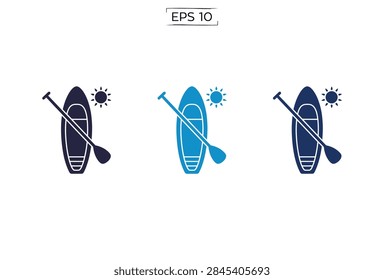 A collection of three flat vector icons featuring a stand up paddle board with a paddle and a sun icon representing summer water sports activities.