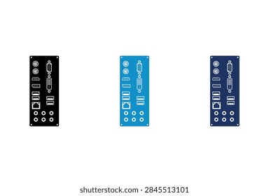 A collection of three flat vector icons representing computer motherboard back panel input and output ports in black blue and dark blue colors