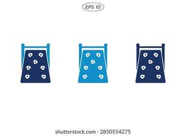 A collection of three flat vector icons representing climbing walls with handholds in different shades of blue for athletic and recreational design projects