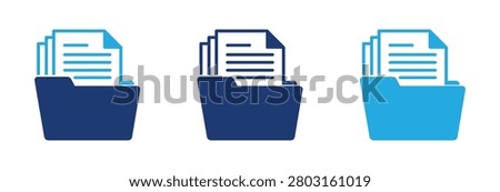 A collection of three flat vector icons showing office folders containing paper documents in various shades of blue for data management and filing systems
