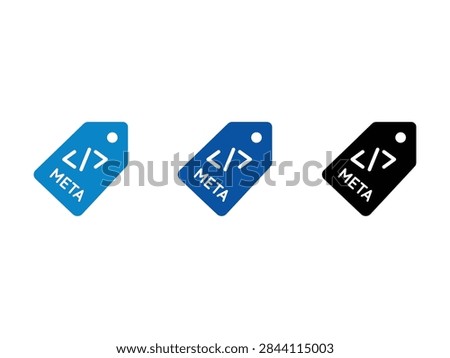 A collection of three flat vector icons representing meta tags featuring code brackets and the word meta in blue and black colors suitable for web design and programming interfaces