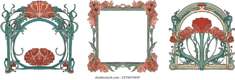 Colección de tres bordes de estilo Art Nouveau floral, marcos con flores rosadas rojas y rosas rojas