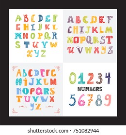 Collection of three funny alphabets and set of numbers. Cute colorful english font, hand drawn typeface. Vector illustration