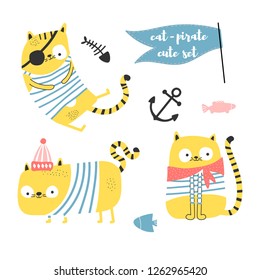 Collection with three funny cat - pirates isolated on white background. Illustration for children, clip art.