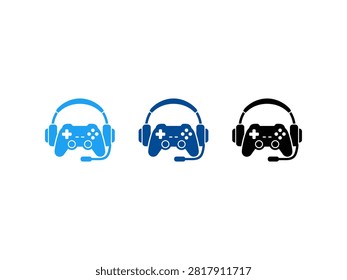 A collection of three gaming icons featuring a video game controller paired with a professional headset with microphone in light blue dark blue and black colors
