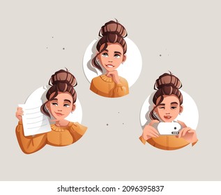 Collection of three girls with different emotions: shoots a video, points a finger at a sheet, pensive