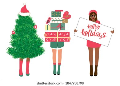 Collection of three girls with gifts, christmas tree and lettering happy holidays on white background isolated. Vector illustration