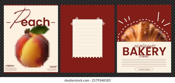 A collection of three graphic design elements featuring a peach illustration, a blank note page, and a bakery-themed design with a blurred pastry image. The color scheme is warm with reds and browns 