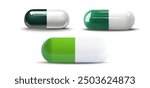 Collection of three green and white capsules, presented in a high-resolution 3D vector. Medical pills are isolated on a white background, ideal for pharmaceutical marketing, healthcare visuals.