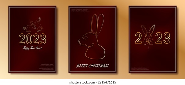 Collection of three greeting cards with golden linear rabbits as a symbol of 2023 New Year. Bunnies as Chinese traditional horoscope symbol on red gradient background. Single art postcards for Holiday
