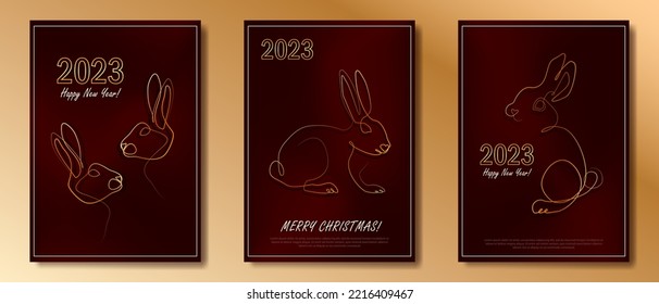 Collection of three greeting cards with golden linear rabbits as a symbol of 2023 New Year. Bunnies as Chinese traditional horoscope symbol on red gradient background. Single art posters for Holiday