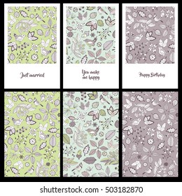 Collection of three greeting cards. Hand drawing.
