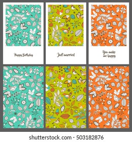 Collection of three greeting cards. Hand drawing.