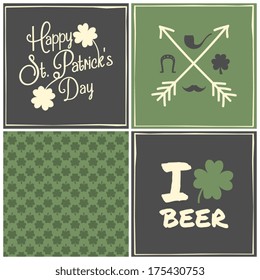 A collection of three greeting cards and a seamless pattern for St. Patrick's Day.