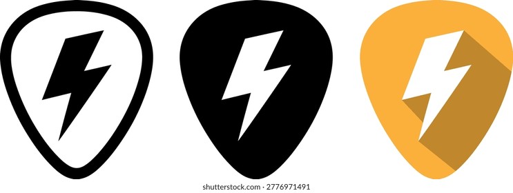 A collection of three guitar pick designs featuring a lightning bolt icon, including outline, solid black, and orange with a long shadow style.