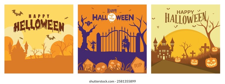 Collection of three Halloween illustrations with haunted houses, pumpkins, bats, and spooky vibes. Ideal for festive Halloween designs, decorations, or seasonal event promotion. Halloween concept.